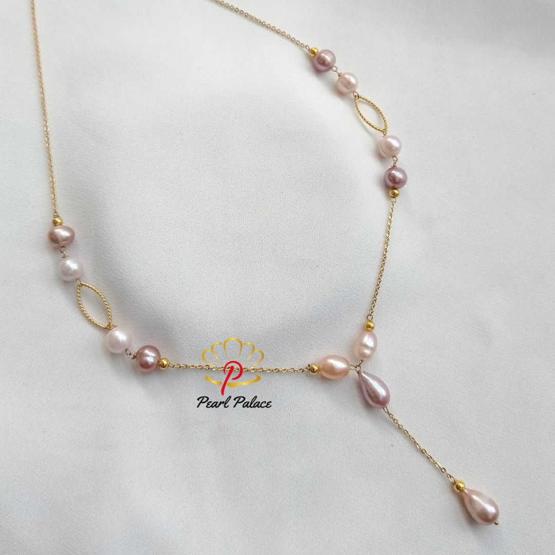 14k Gold Plated Chain Necklace with Light Pink and White Freshwater Pearls
